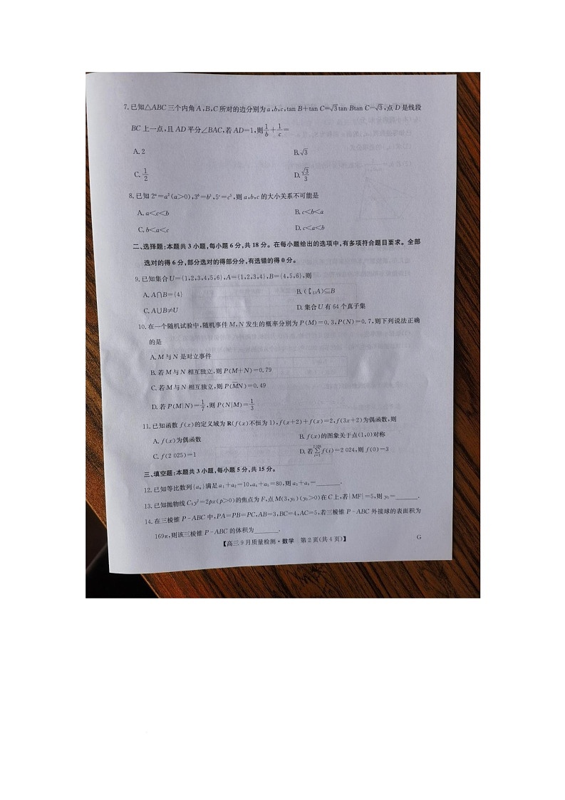 湖北省武汉市黄陂区第一中学2026届高三上学期10月月考数学试卷第2页