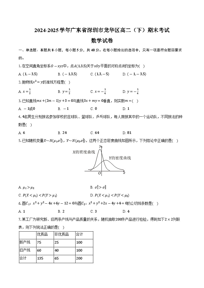 广东省深圳市龙华区2024-2025学年高二下学期期末调研测试数学试卷+答案第1页