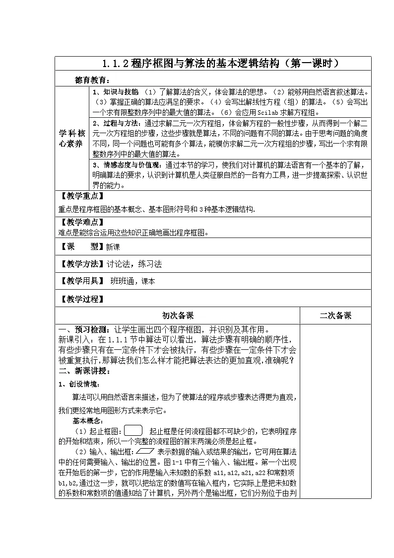 人教版新课标A 高中数学必修3高二上学期第一章 算法初步1.1 算法与程序框图1.1.2第一课时【教案】第1页