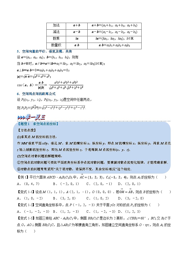 （人教A版）选择性必修一高二数学上册同步精讲精练专题1.4 空间向量及其运算的坐标表示（原卷版）第2页