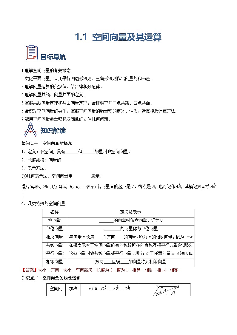 （人教A版）选择性必修一高二数学上册同步学案1.1 空间向量及其运算（原卷版）第1页