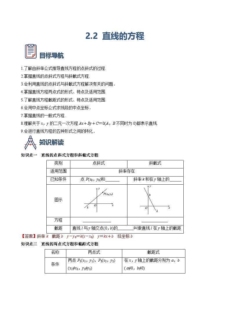 （人教A版）选择性必修一高二数学上册同步学案2.2 直线的方程（解析版）第1页
