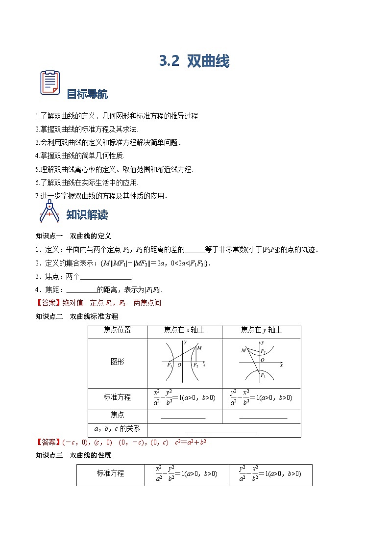 （人教A版）选择性必修一高二数学上册同步学案3.2 双曲线（解析版）第1页