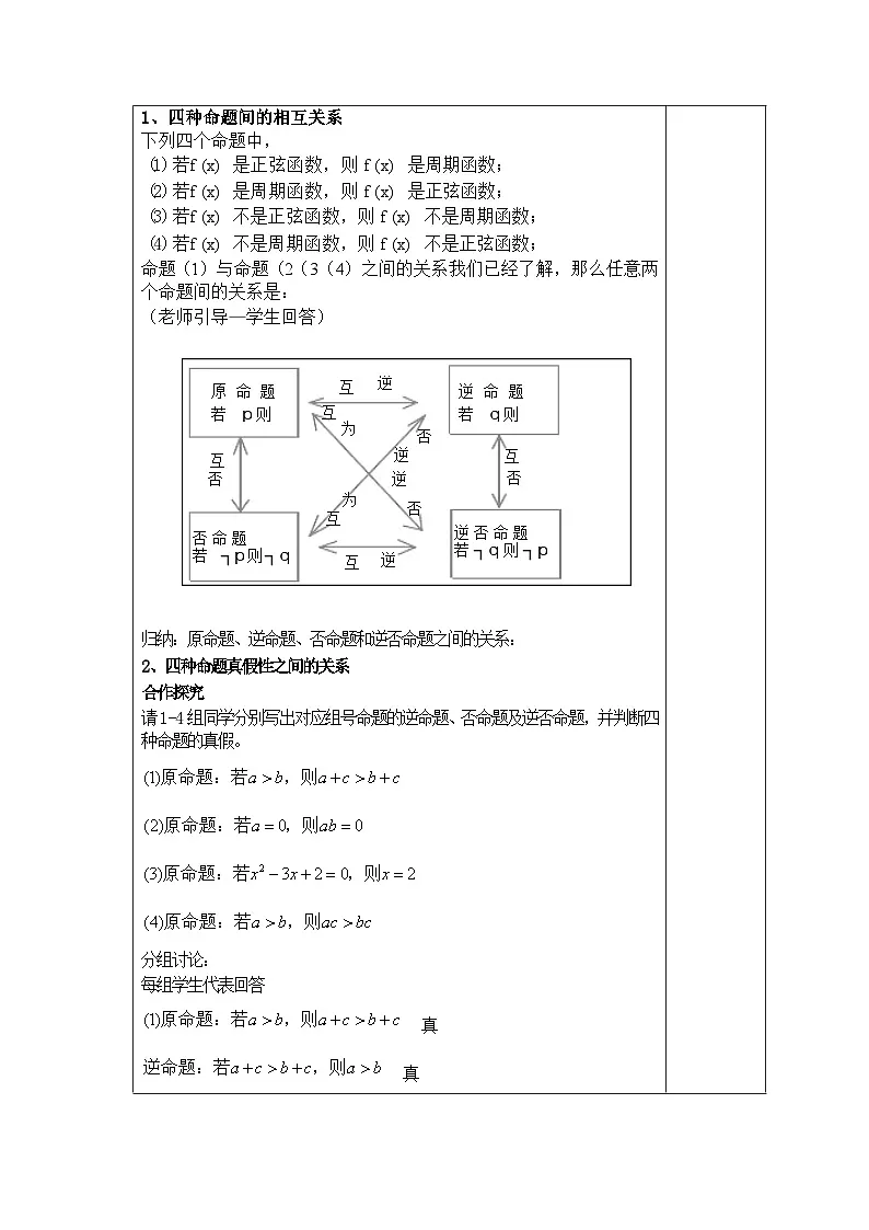 高中数学人教版新课标A选修2-1 第一章常用逻辑用语1.1命题及其关系1.1.3四种命题间的相互关系【教案】第2页