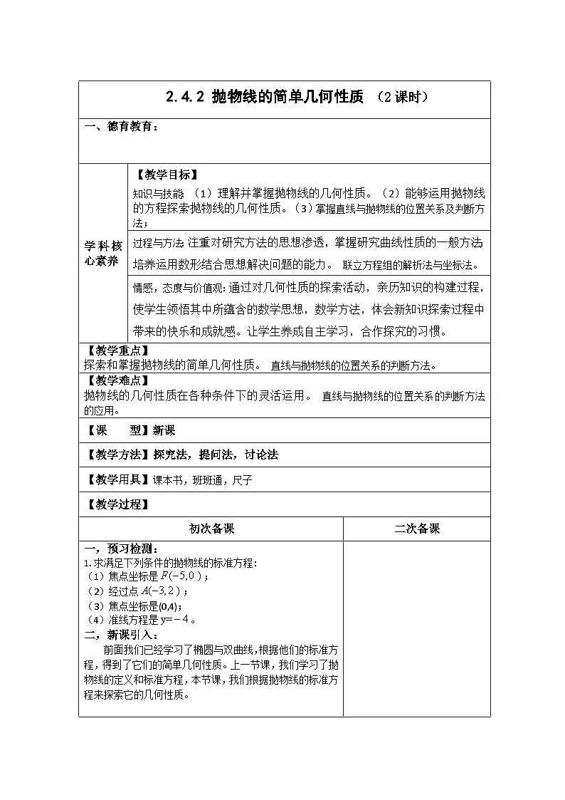 高中数学人教版新课标A选修2-1 第二章圆锥曲线与方程2.4抛物线2.4.2 抛物线的简单几何性质【教案】第1页