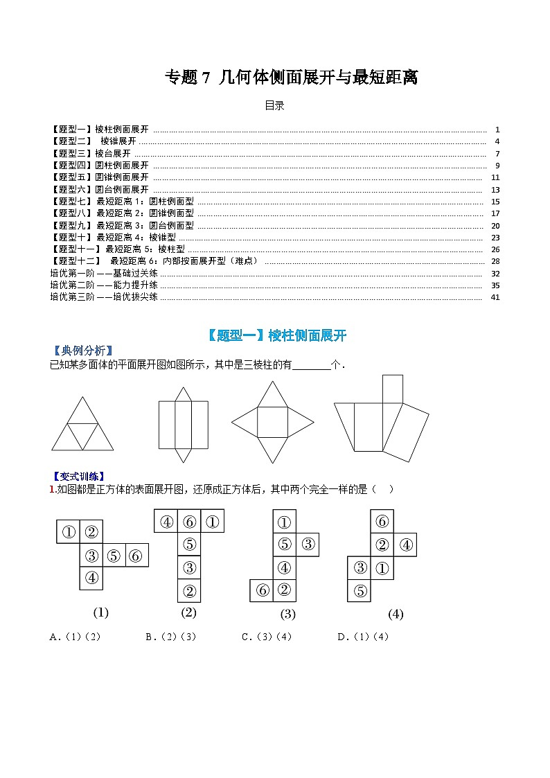 （人教A版）高一数学下册期末考点归纳复习训练专题07 几何体侧面展开与最短距离（原卷版）第1页