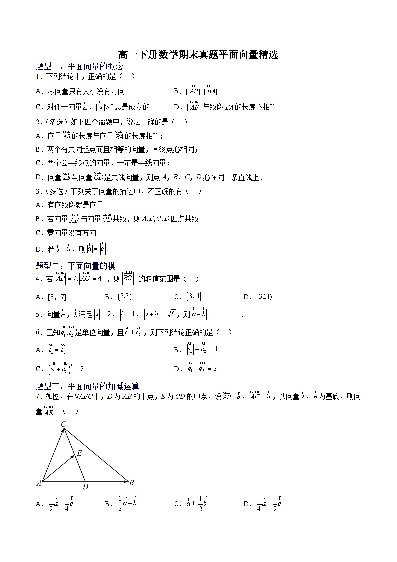 （人教A版）必修二高一数学下学期期末培优训练 平面向量(原卷版）第1页