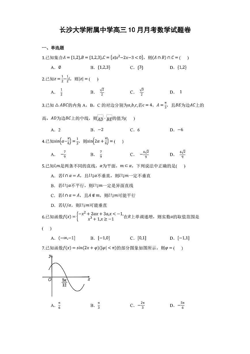 湖南省长沙大学附中2026届高三上学期10月月考数学试题+答案第1页