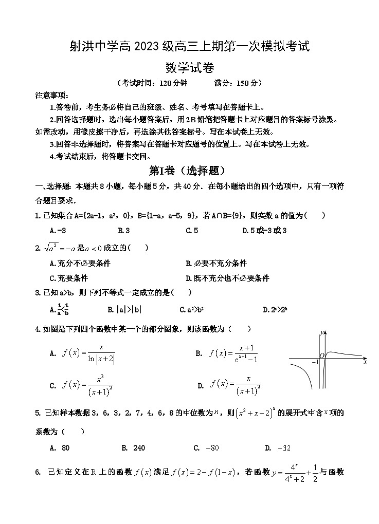 四川省遂宁市射洪中学2026届高三上学期9月第一次模拟考试数学试卷第1页