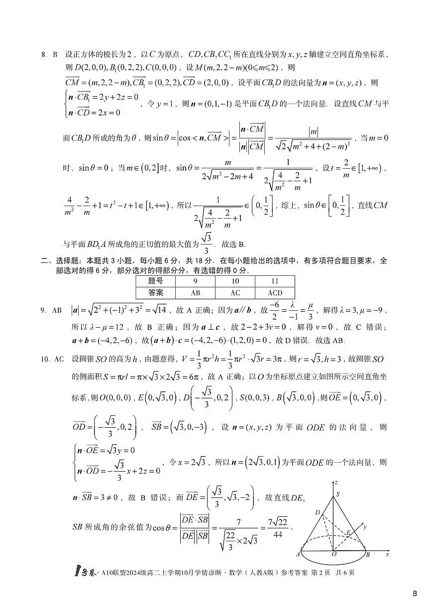 【数学（人教A版）】（B卷）1号卷·A10联盟2024级高二上学期10月学情诊断数学（人教A版）答案b第2页