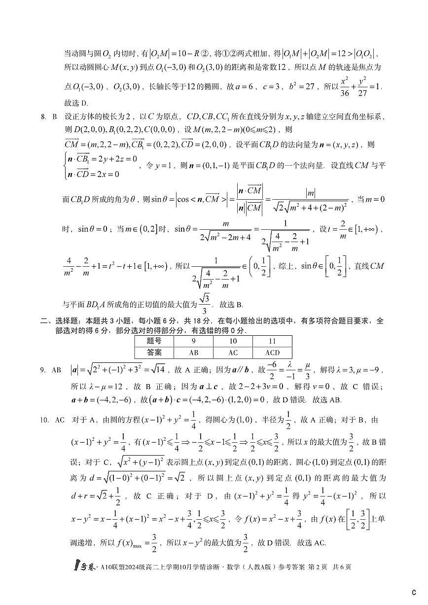 【数学（人教A版）】（C卷）1号卷·A10联盟2024级高二上学期10月学情诊断数学（人教A版）答案C第2页