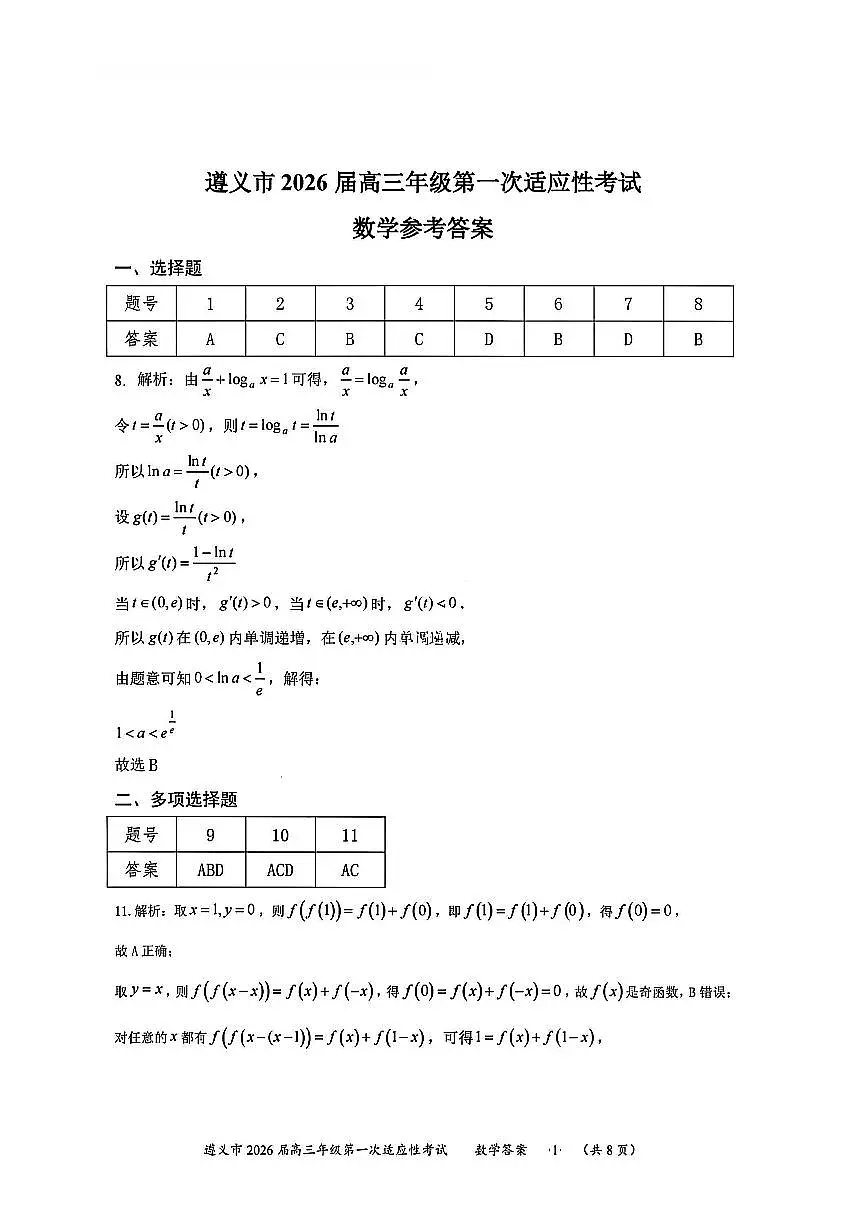 1数学答案-遵义市2026届高三第一次适应性考试第1页
