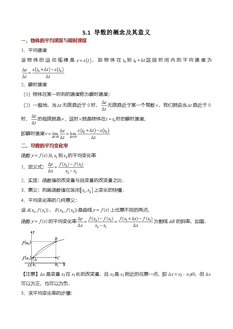 （人教A版）选择性必修二高二数学上册同步精讲精练5.1 导数的概念及其意义（原卷版）第1页