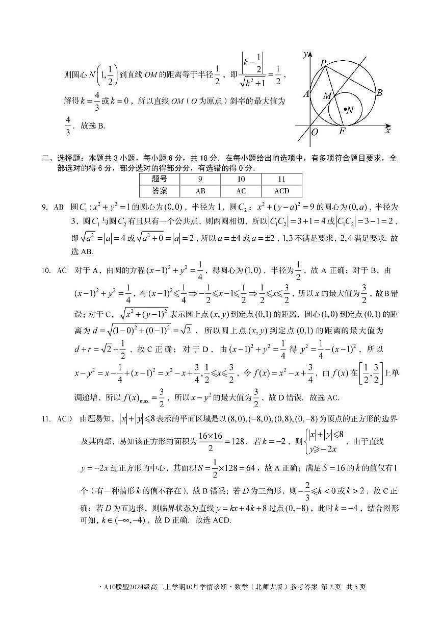 安徽省A10联盟2025-2026学年高二上学期10月学情诊断数学试题（北师大版）答案第2页