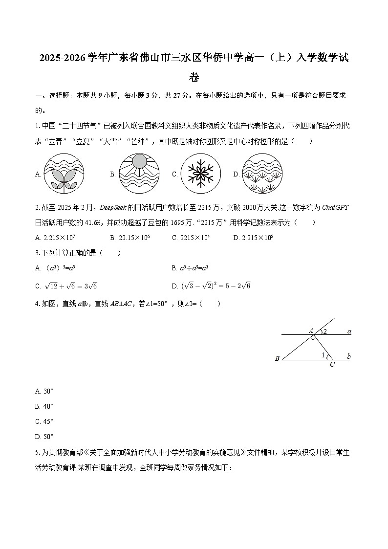 2025-2026学年广东省佛山市三水区华侨中学高一（上）入学数学试卷-自定义类型第1页