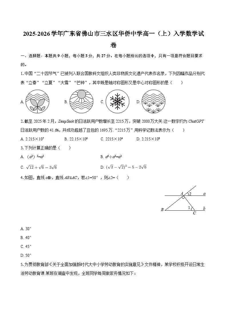 2025-2026学年广东省佛山市三水区华侨中学高一（上）入学数学试卷-自定义类型 (1)第1页