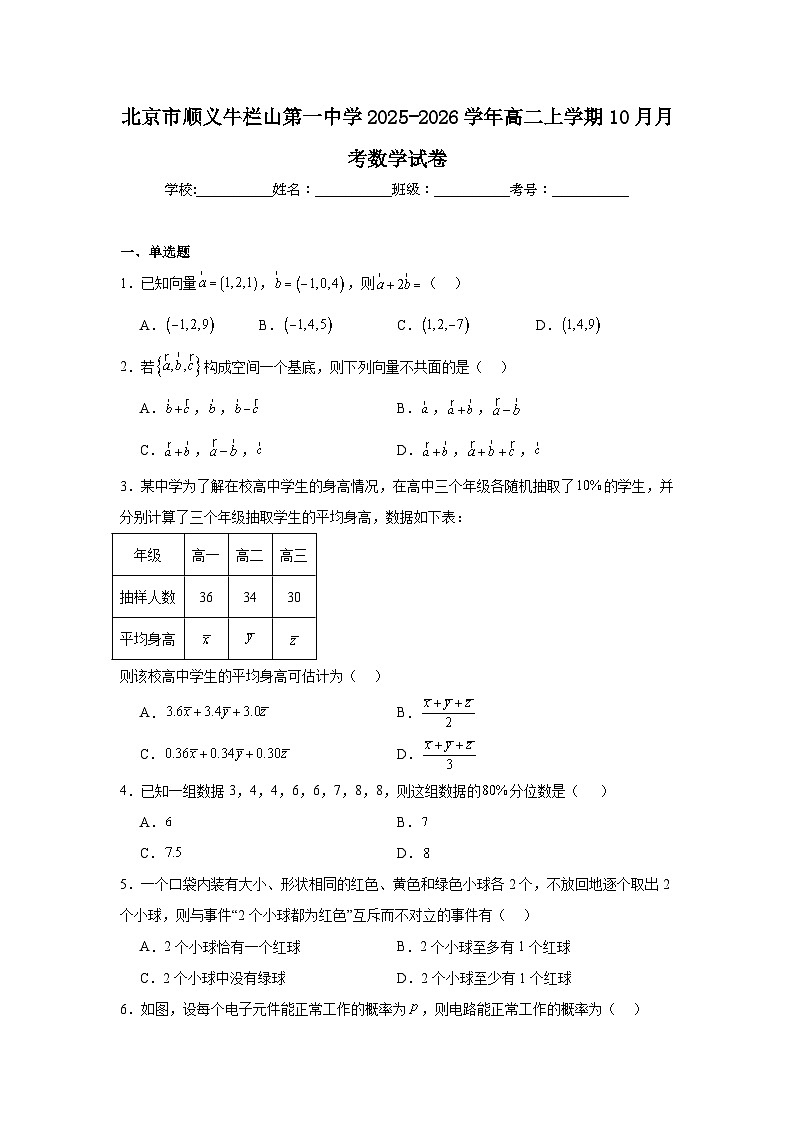 2025-2026学年北京市顺义区牛栏山第一中学高二上学期10月月考数学试卷（含答案）第1页
