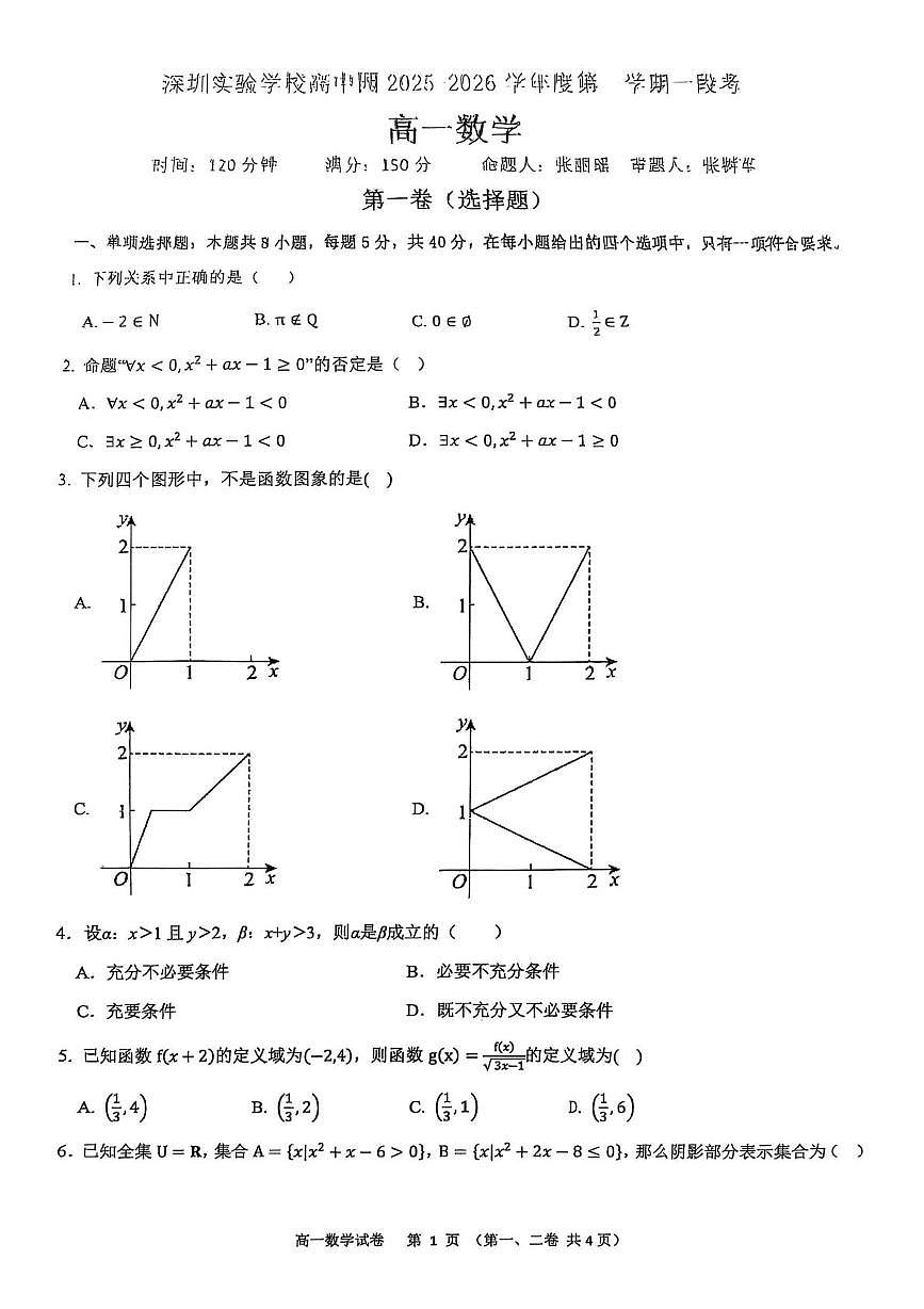 广东省深圳实验学校高中园2025-2026学年高一上学期第一阶段考试数学试题（月考）第1页