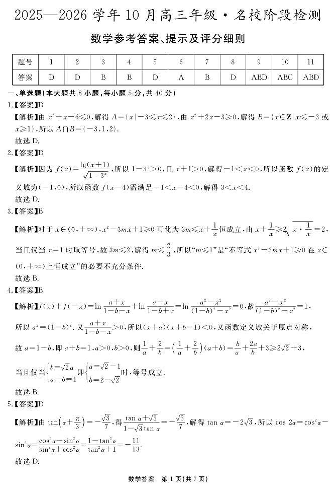 安徽省2025-2026学年度“耀正优”高三年级10月阶段检测数学答案第1页