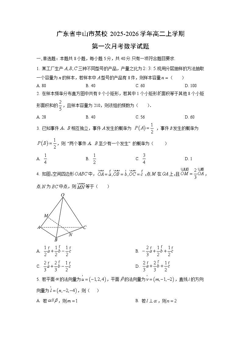 广东省中山市某校2025-2026学年高二上学期第一次月考数学试卷（学生版）第1页