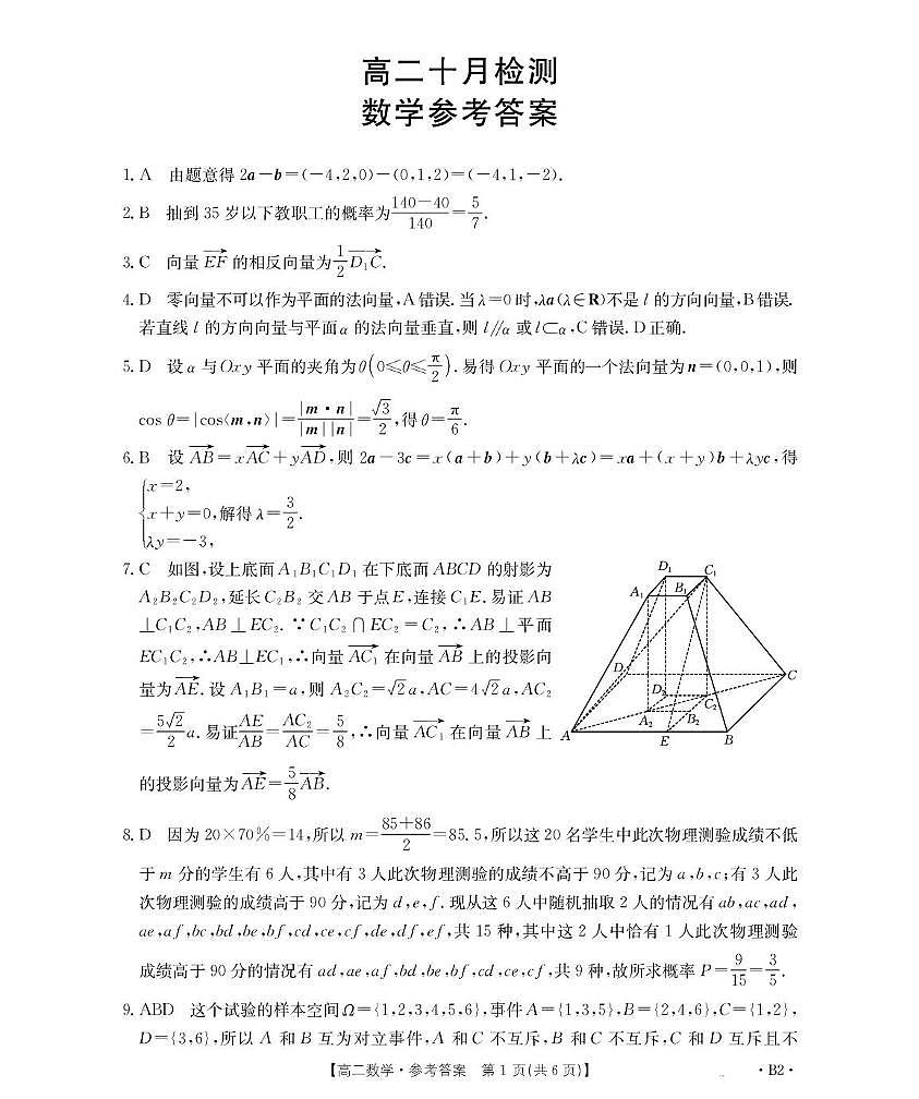 山东省济宁市嘉祥县第一中学2025-2026学年高二年级上学期10月份检测月考数学试卷 山东省济宁市嘉祥县第一中学2025-2026学年高二年级上学期10月份检测月考数学试卷答案第1页