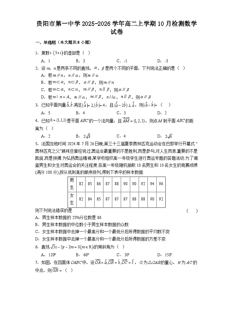 贵阳市第一中学2025-2026学年高二上学期10月检测数学试卷第1页