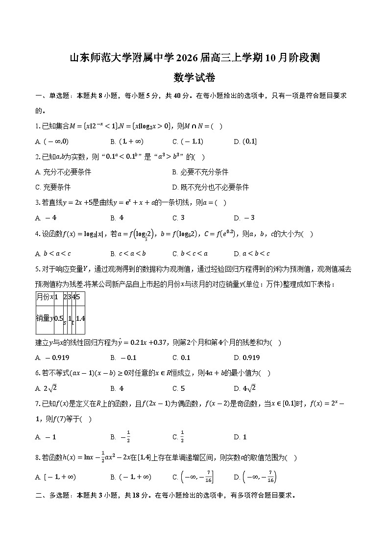 山东师范大学附属中学2026届高三上学期10月阶段测数学试卷（含答案）第1页