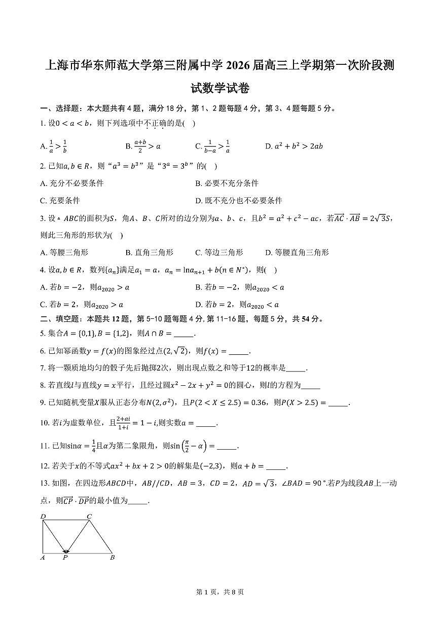 上海市华东师范大学第三附属中学2026届高三上学期第一次阶段测试数学试卷（含答案）第1页