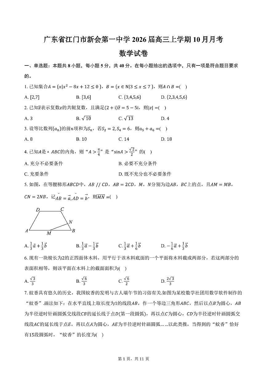 广东省江门市新会第一中学2026届高三上学期10月月考数学试卷（含答案）第1页