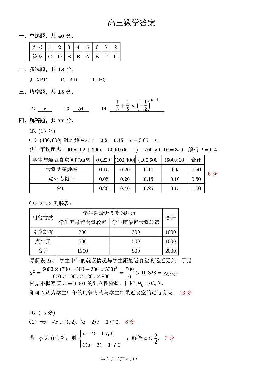 高三数学答案(1)第1页