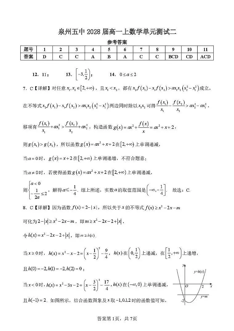 泉州五中2028届高一上数学单元测试二(参考答案)第1页