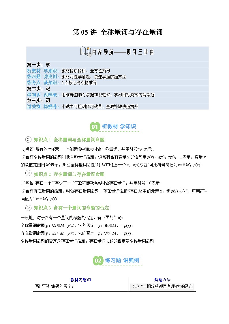 【02-暑假预习】第05讲 全称量词与存在量词（3个知识点+5个考点+过关测）（教师版）-2025年新高一数学暑假衔接讲练 (人教A版)第1页