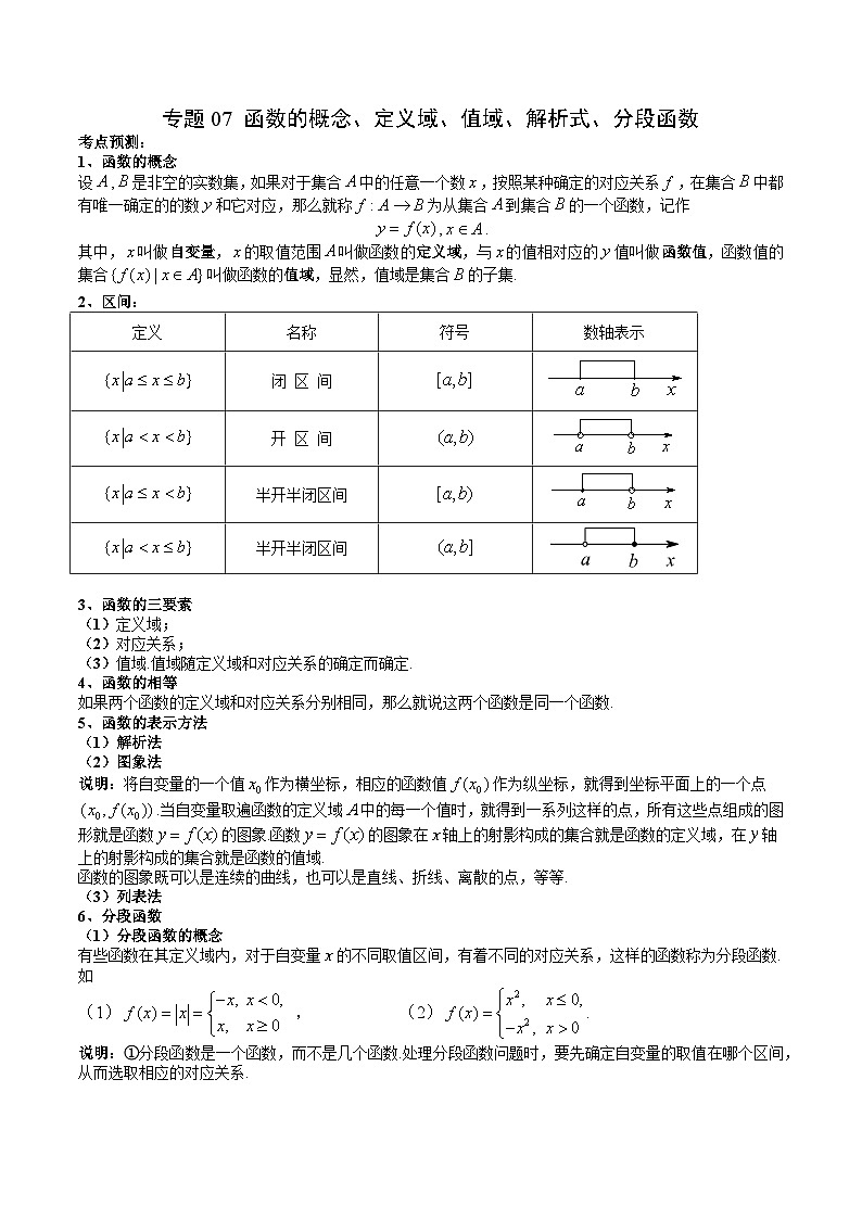 （人教A版）必修第一册高一数学上学期期末考点复习训练专题07 函数的概念、定义域、值域、解析式、分段函数（原卷版）第1页