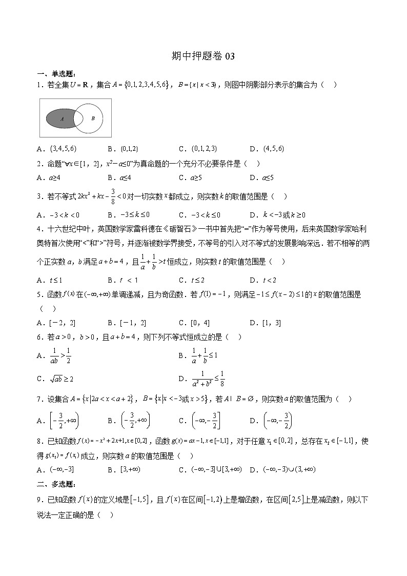 （人教A版）必修第一册高一数学上学期期中押题卷03（测试范围：第一~三章）（原卷版）第1页