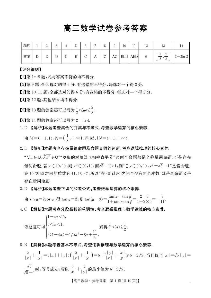 江西省2026届高三上学期10月联考（26-42C）数学答案第1页