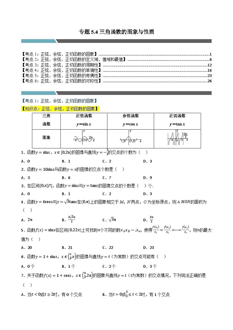 （人教A版）必修第一册高一数学上学期同步考点分类训练专题5.4 三角函数的图象与性质（6类必考点）（原卷版）第1页