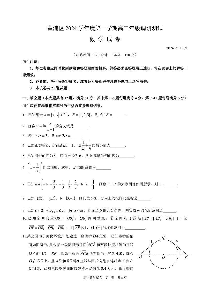 上海市黄浦区2024-2025学年高三上学期11月调研测试数学试卷（月考）第1页