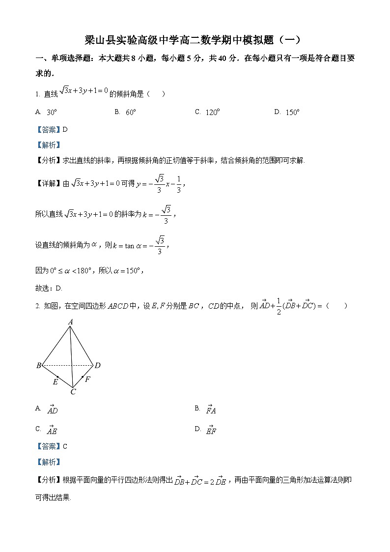 山东省济宁市梁山县实验高级中学2024-2025学年高二上学期数学期中模拟题试题及答案第1页