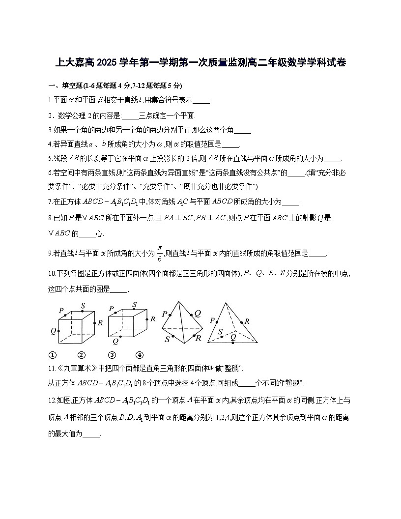 上海市上海大学附属嘉定高级中学2025~2026学年高二上册第一次月考数学试卷【附解析】第1页