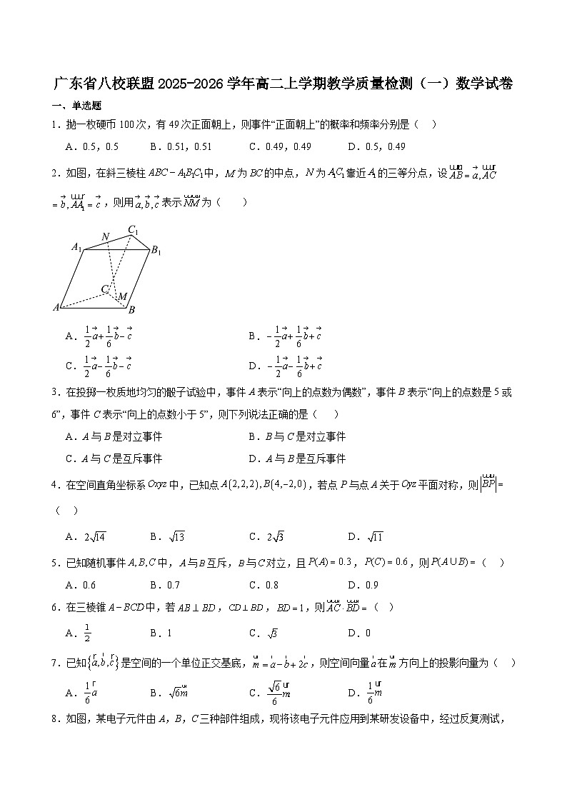 广东省八校联盟2025-2026学年高二上学期教学质量检测（一）数学试卷（Word版附解析）第1页