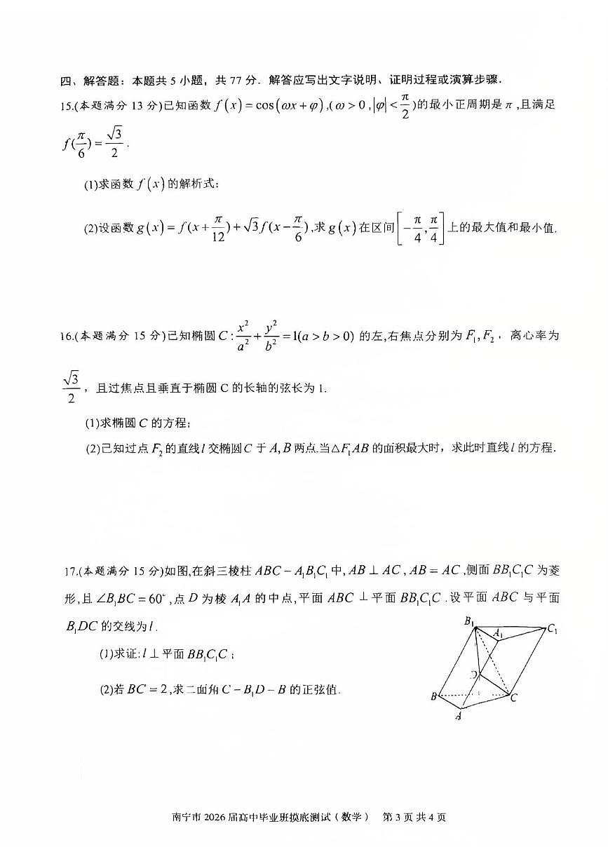 广西南宁市2026届高中毕业班第一次摸底测试数学试题（含答案）第3页