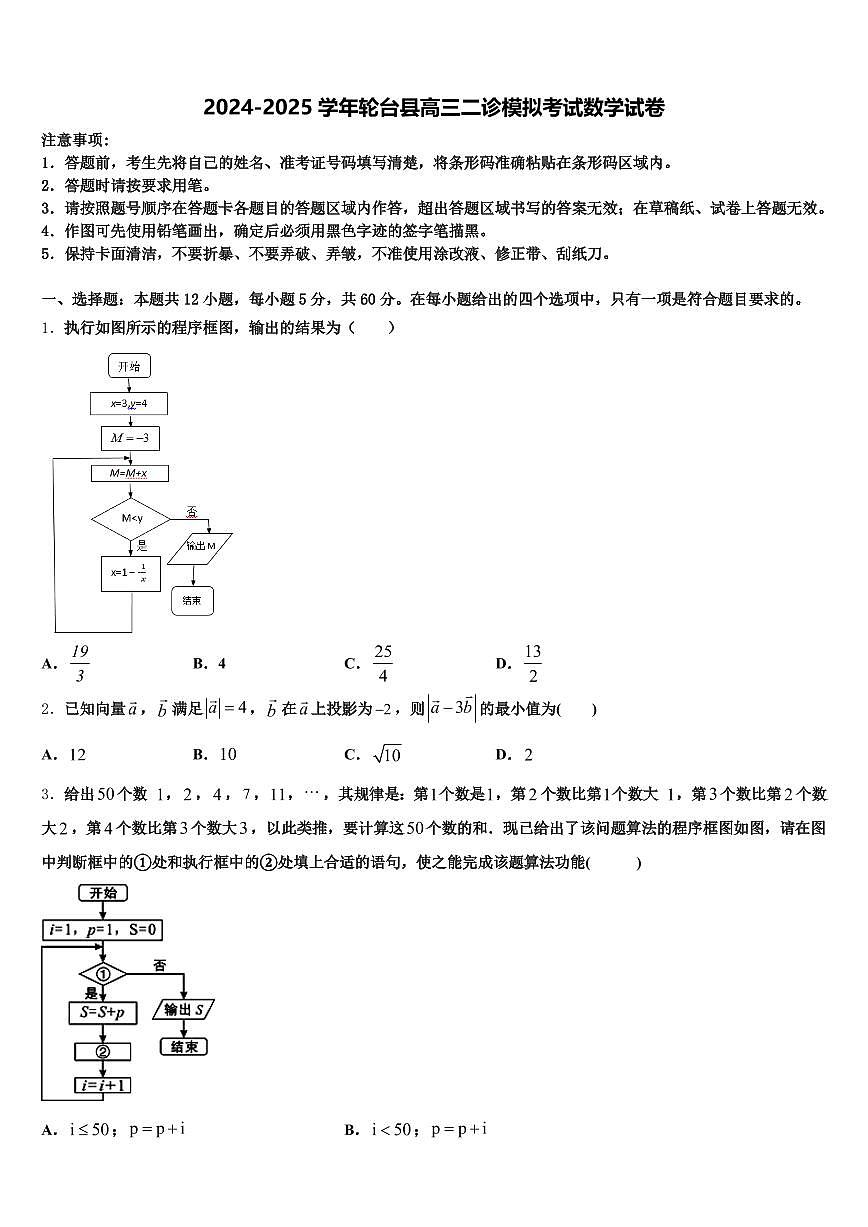 2024-2025学年轮台县高三二诊模拟考试数学试卷含解析第1页