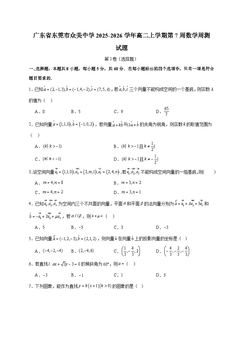 广东省东莞市众美中学2025~2026学年高二上册第7周数学周测试卷（含解析）第1页
