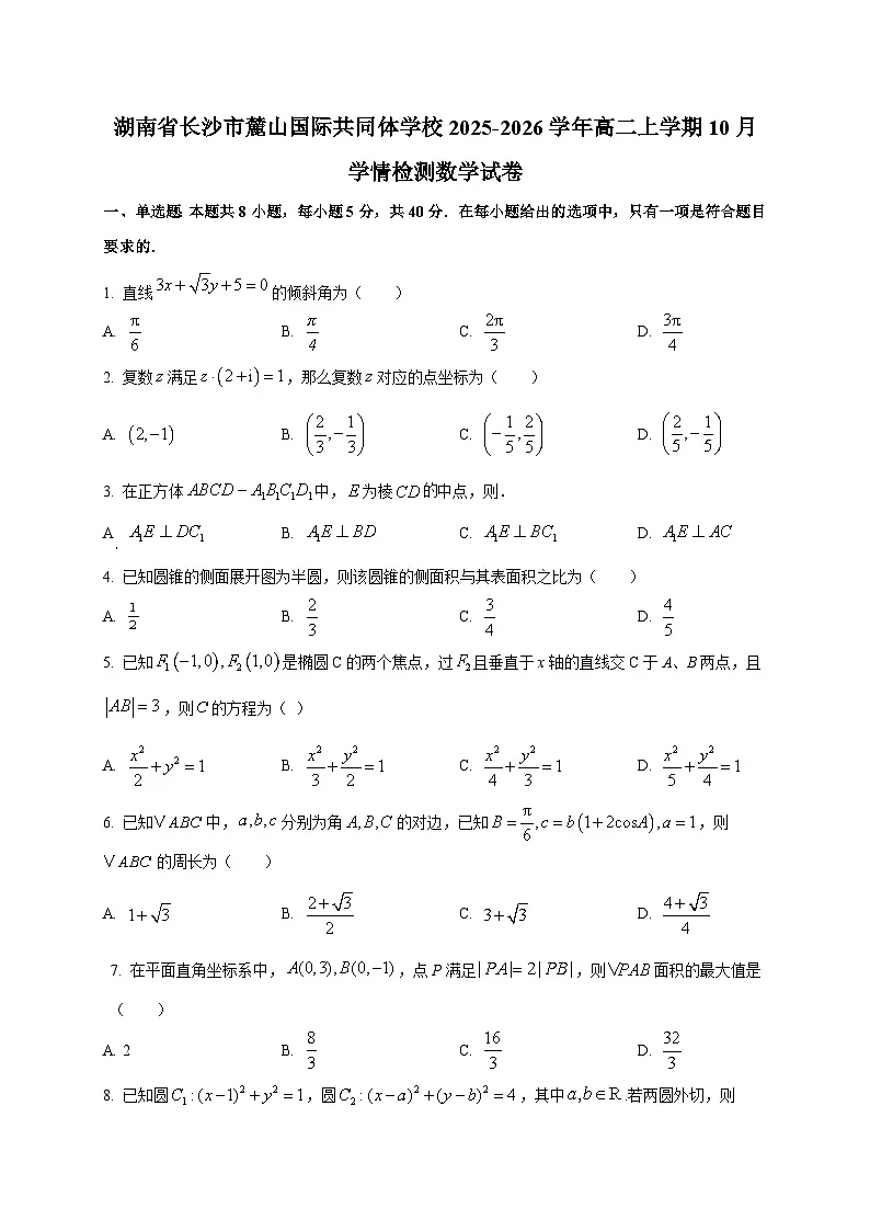 湖南省长沙市麓山国际共同体学校2025~2026学年高二上册10月学情检测数学试卷第1页