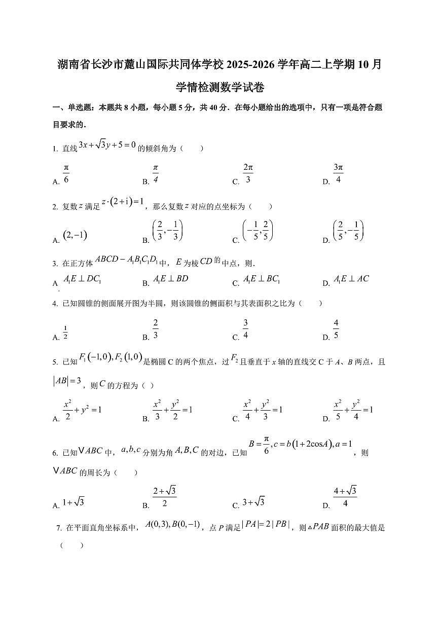 湖南省长沙市麓山国际共同体学校2025~2026学年高二上册10月学情检测数学试卷第1页