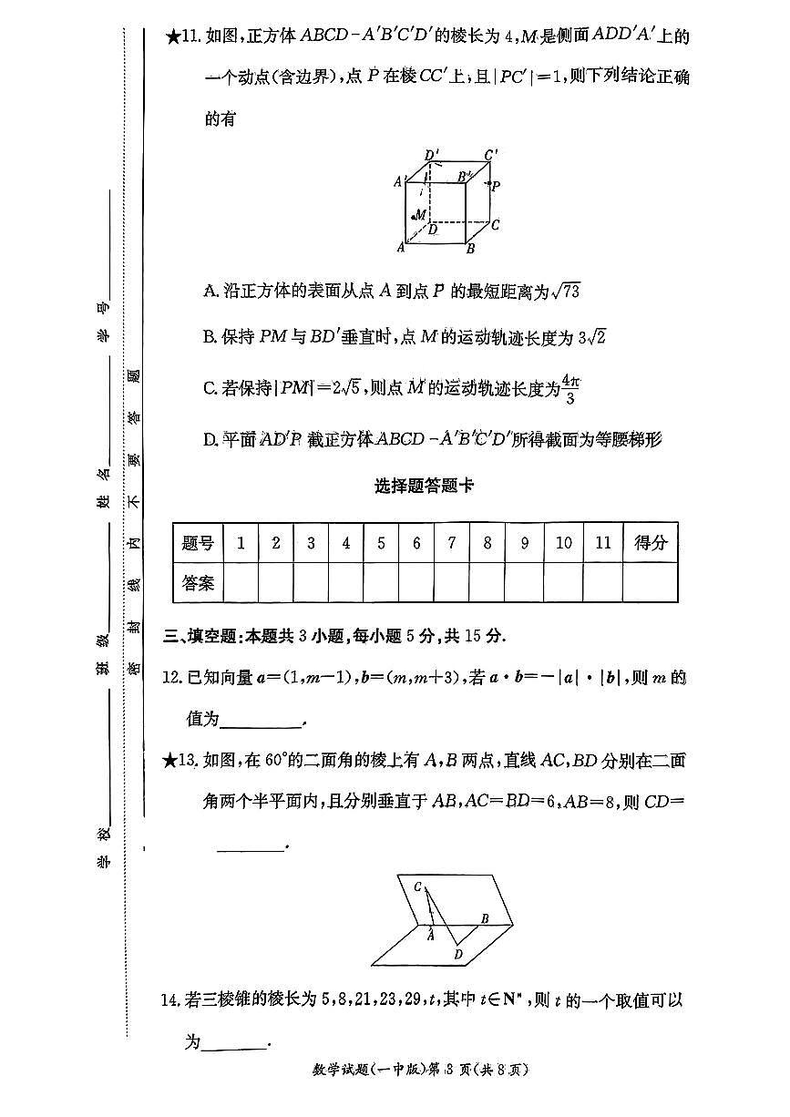 湖南省长沙市第一中学2024-2025学年高二上学期开学考试数学试题第3页
