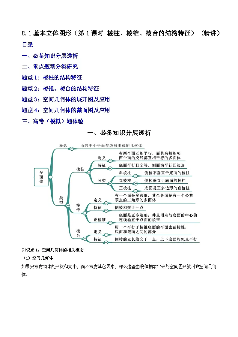 （人教A版）必修第二册高一数学下学期同步精讲精练8.1基本立体图形（第1课时）(精讲）（原卷版）第1页