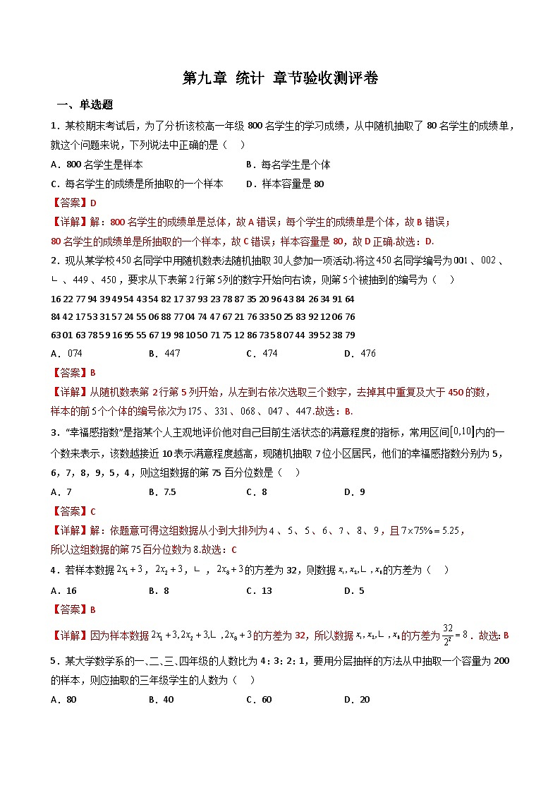 （人教A版）必修第二册高一数学下学期同步精讲精练第九章 统计 章节验收测评卷（解析版）第1页