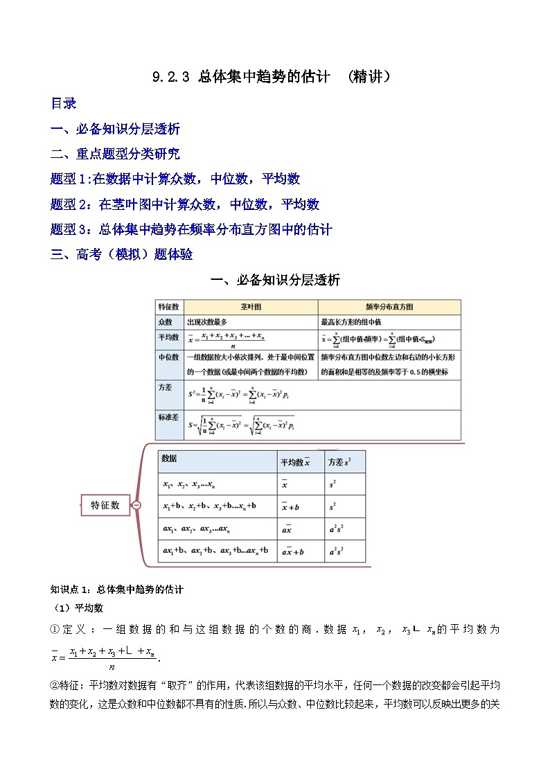 （人教A版）必修第二册高一数学下学期同步精讲精练9.2.3 总体集中趋势的估计（精讲）（原卷版）第1页