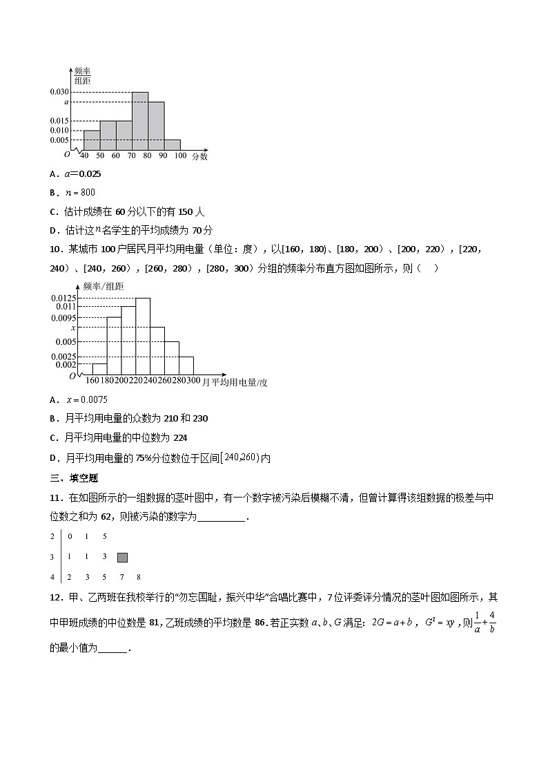 （人教A版）必修第二册高一数学下学期同步精讲精练9.2.3 总体集中趋势的估计（精练）（原卷版）第3页